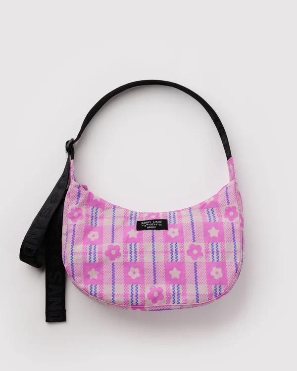Medium Nylon Crescent Bag - Market Plaid Pink - Size: OS