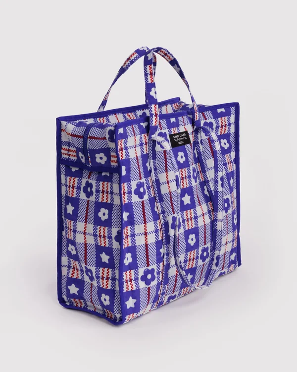 Large Nylon Market Bag - Market Plaid Blue - Material: heavyweight-nylon