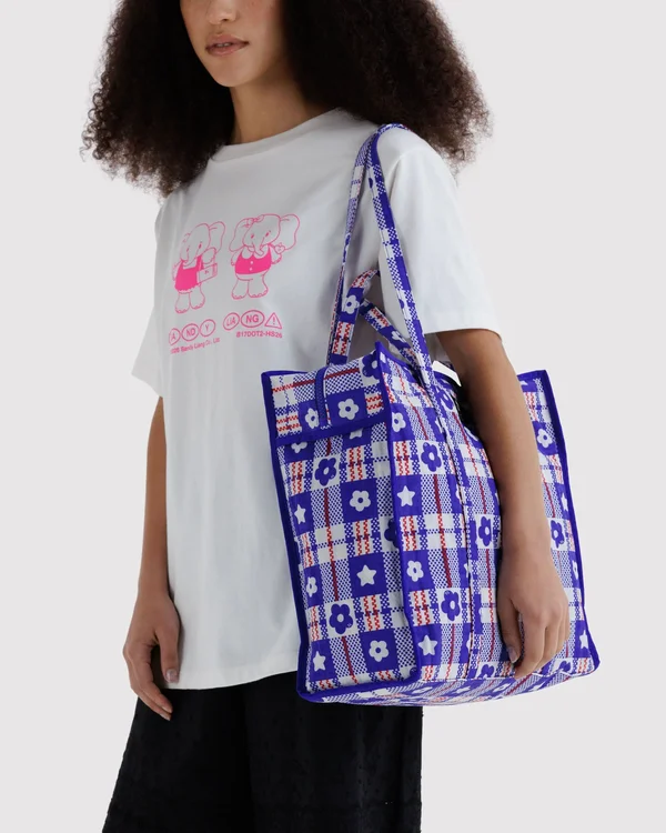 Large Nylon Market Bag - Market Plaid Blue - Material: heavyweight-nylon