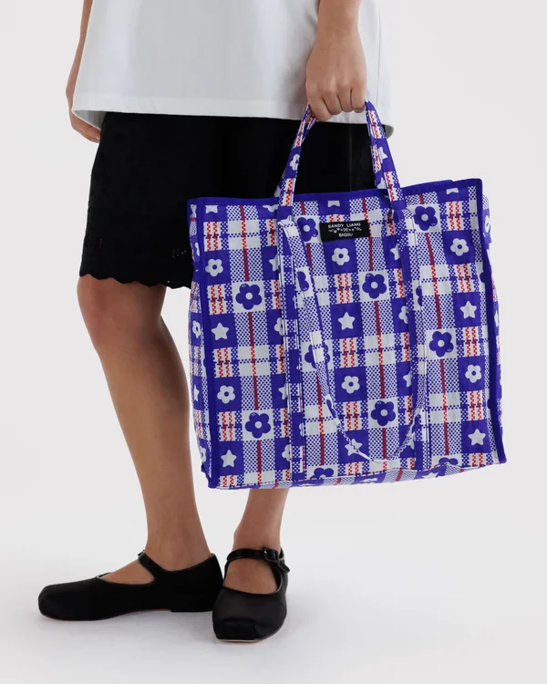 Large Nylon Market Bag - Market Plaid Blue - Material: heavyweight-nylon